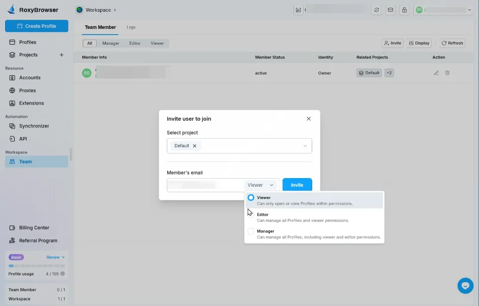 RoxyBrowser 团队协作界面