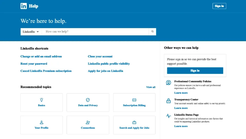 LinkedIn官方帮助中心账号申诉入口截图