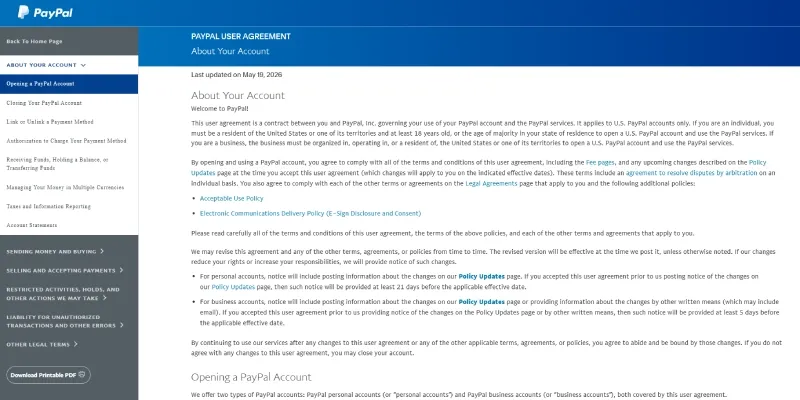 PayPal User Agreement用户协议关于 多账号政策官方页面
