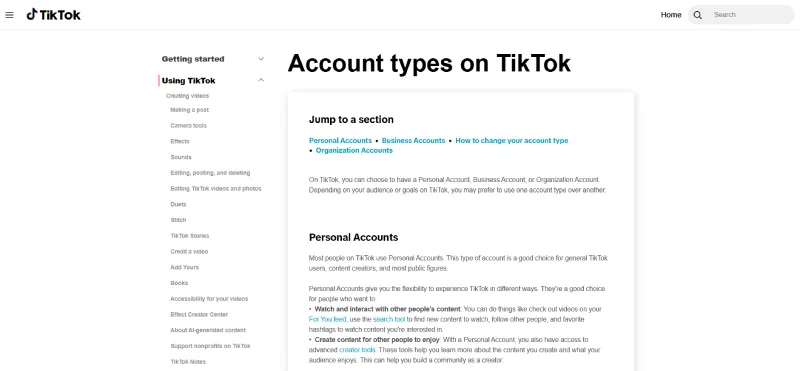 TikTok官方账号类型说明截图