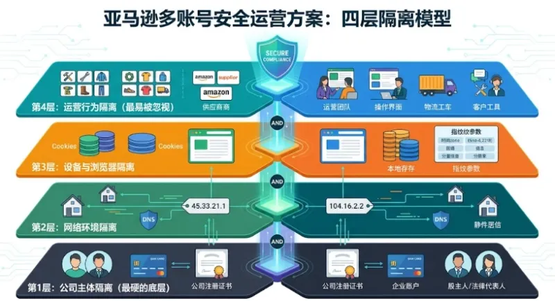 亚马逊多个账号合规运营四层隔离模型示意图：公司主体、网络环境、浏览器环境与运营行为