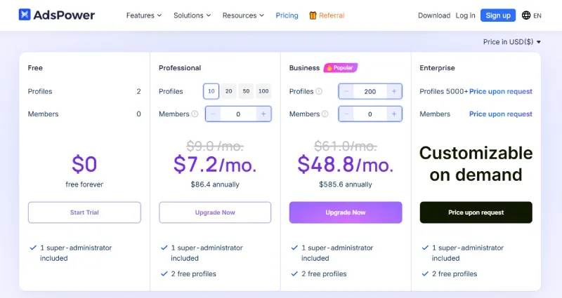 AdsPower 定价页面，展示免费版与企业版方案