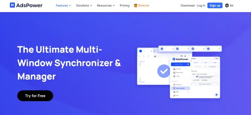 AdsPower 功能页面，展示窗口同步功能