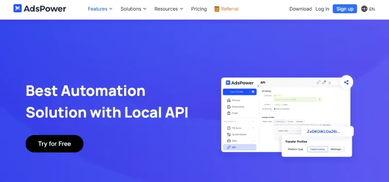 AdsPower 功能页面，展示 Local API 自动化能力