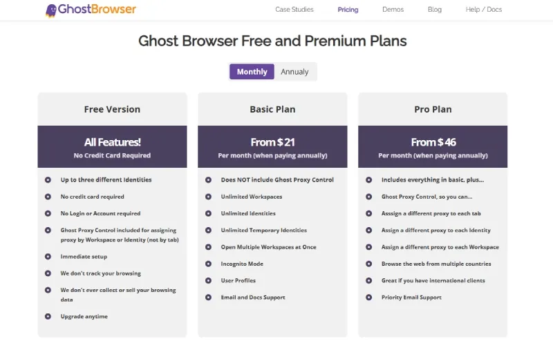Ghost Browser 定价页面，展示 Free、Basic 和 Pro 套餐