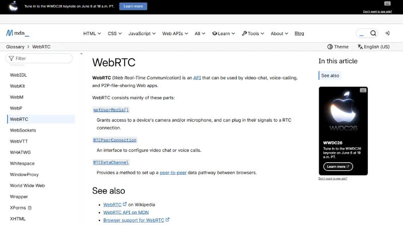 MDN官方文档WebRTC技术说明页面截图，展示亚马逊账号关联检测中的WebRTC IP泄露风险