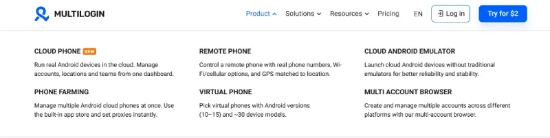 Multilogin 功能页面，展示 Cloud Phone、Remote Phone和团队席位