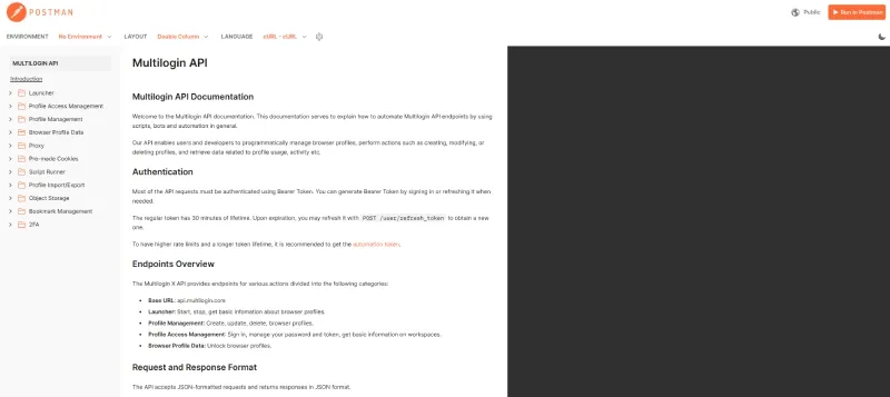 Multilogin API 文档页面，展示自动化接口说明
