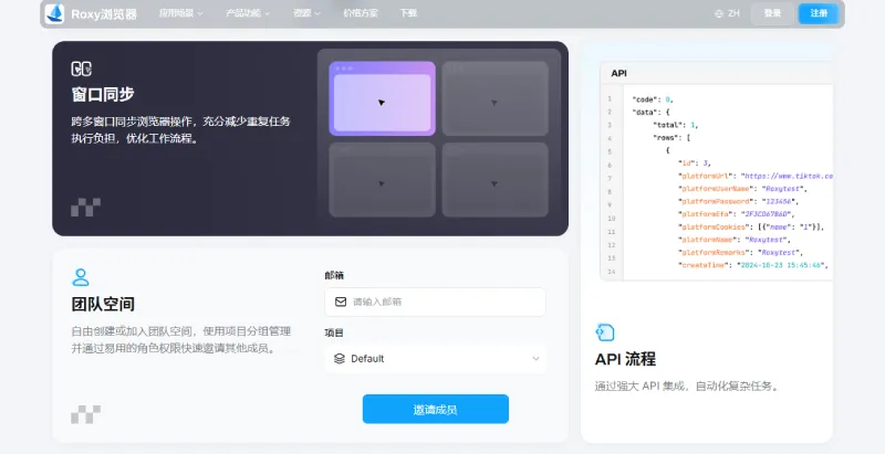 Roxy浏览器功能页面，展示 Window Sync、API Flow 和团队权限
