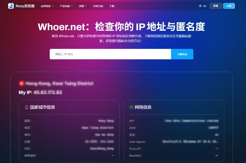 Roxy浏览器 Whoer检测工具截图