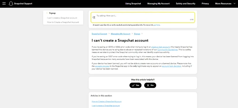 Snapchat官方关于无法创建账号的说明截图