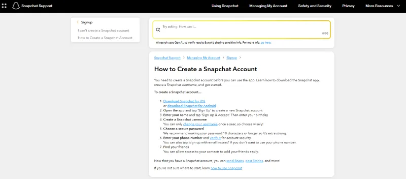Snapchat官方账号注册步骤页面截图