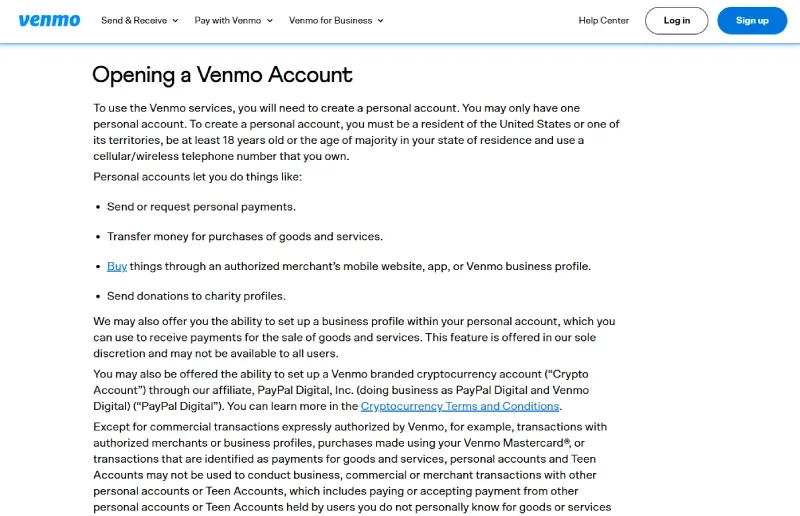 Venmo用户协议（User Agreement）官方页面截图，说明个人账户身份唯一性规则