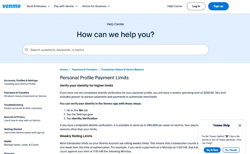 Venmo官方Payment Limits页面截图
