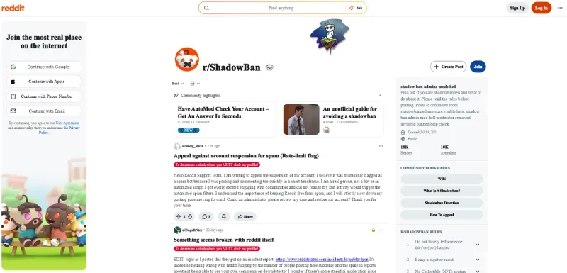 rShadowBan版块截图：展示Reddit影子封禁的真实案例与社区反馈